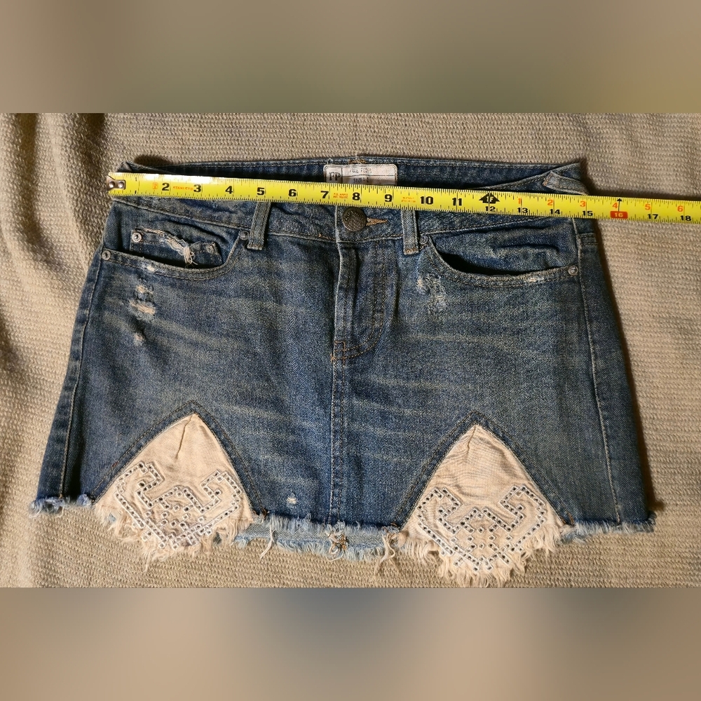 Free People Blue Denim Mini Skirt with Cream Accents